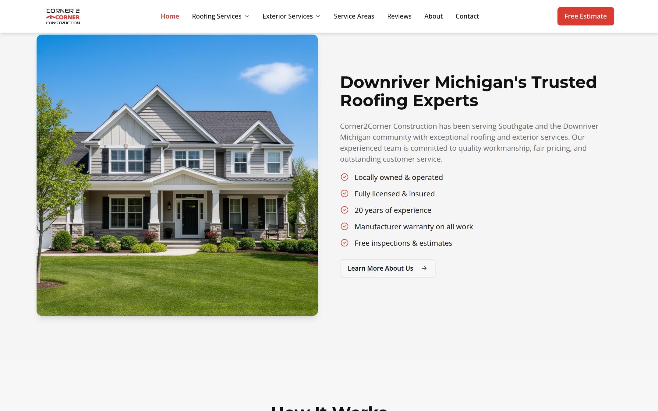 The homepage credentials section: locally owned and operated, fully licensed and insured, twenty years of experience, manufacturer warranty on all work, free inspections and estimates.