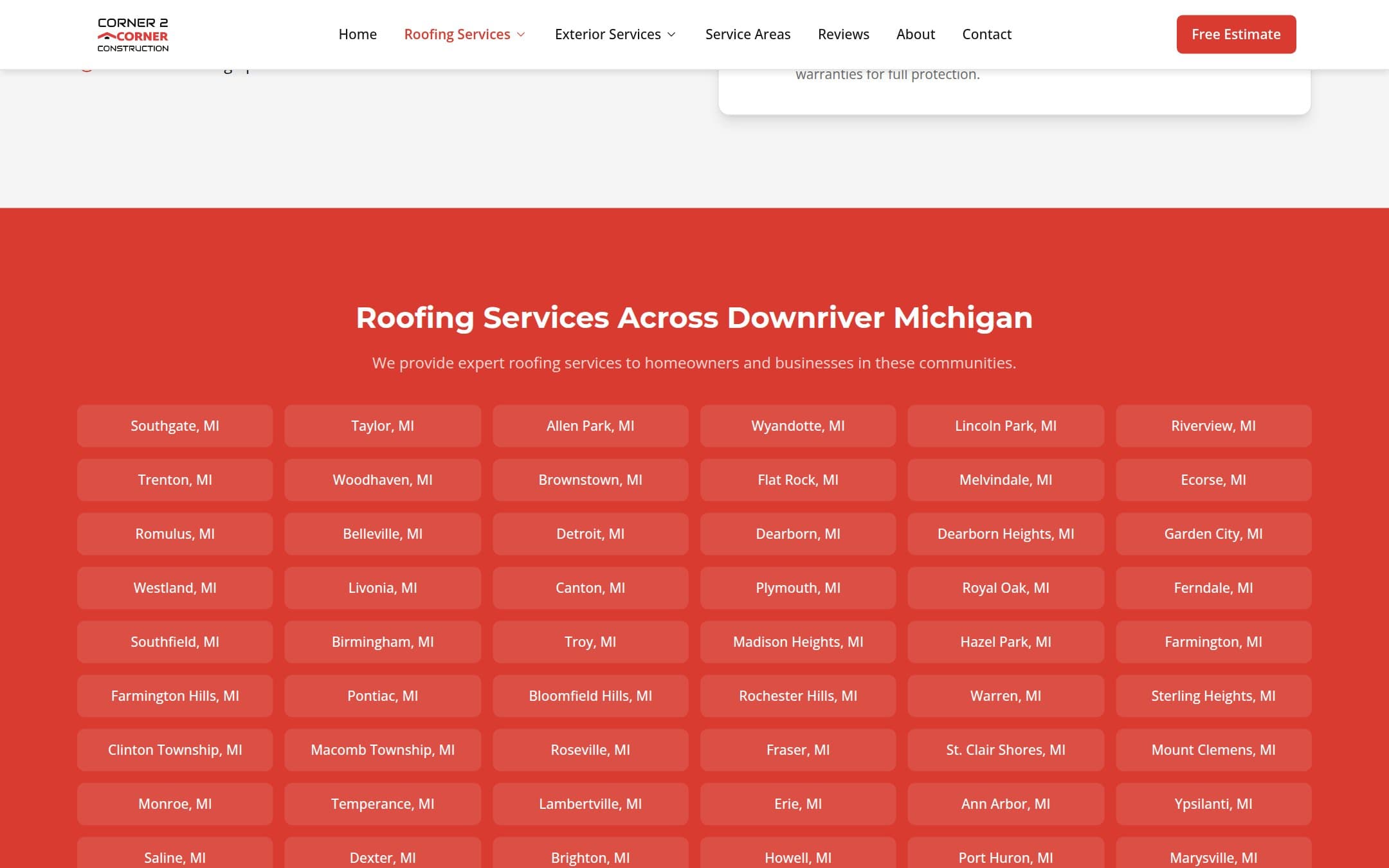 The dedicated roofing service page: the roofing process on its own page, above a service-area grid naming each Downriver community.