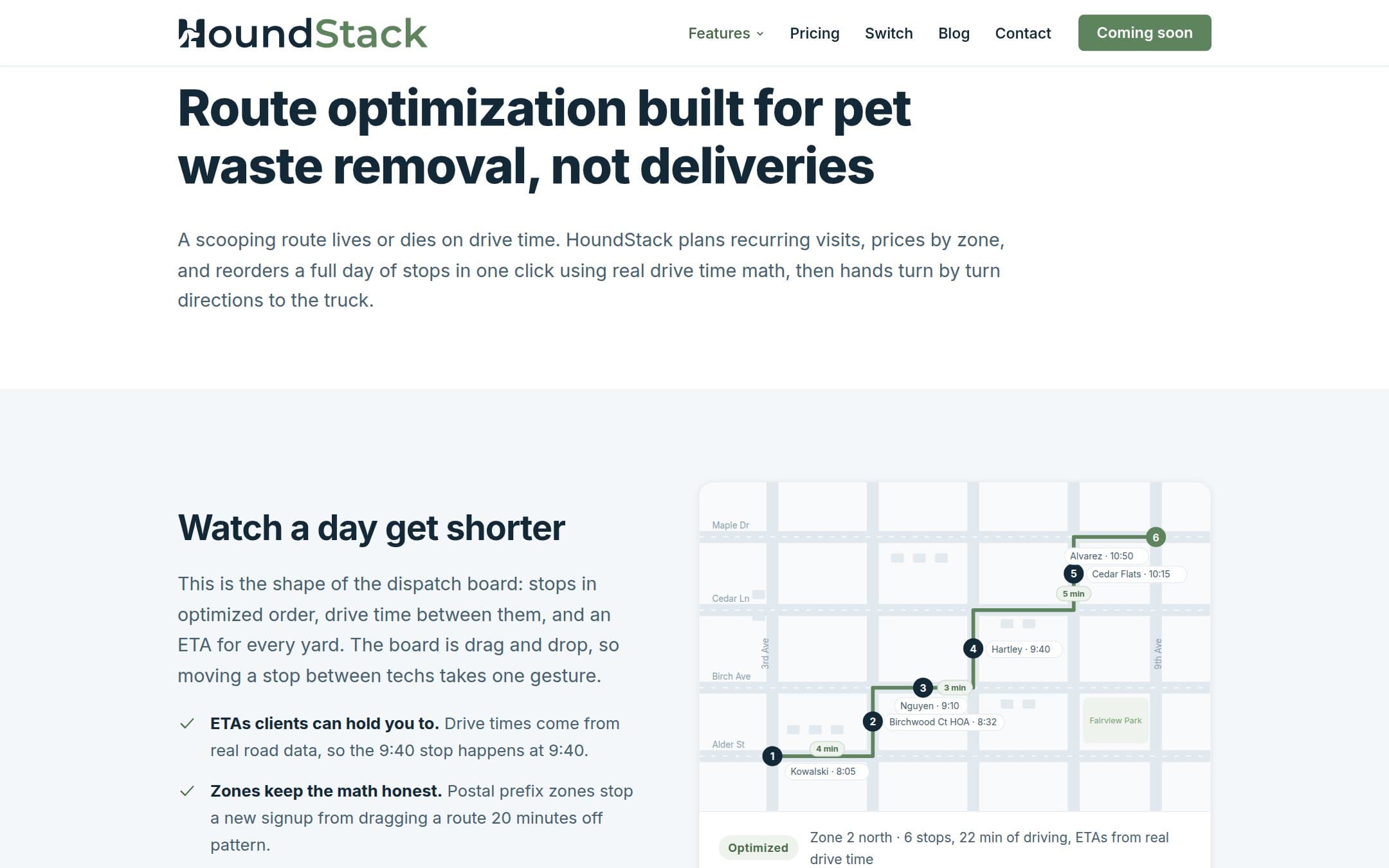 The scheduling and routes page on houndstack.com, with the dispatch board mockup: stops in optimized order, drive time between them, and an ETA for every yard.