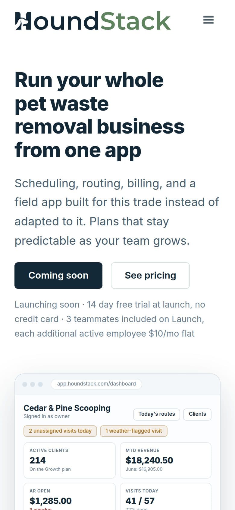 The HoundStack website, as it is published today