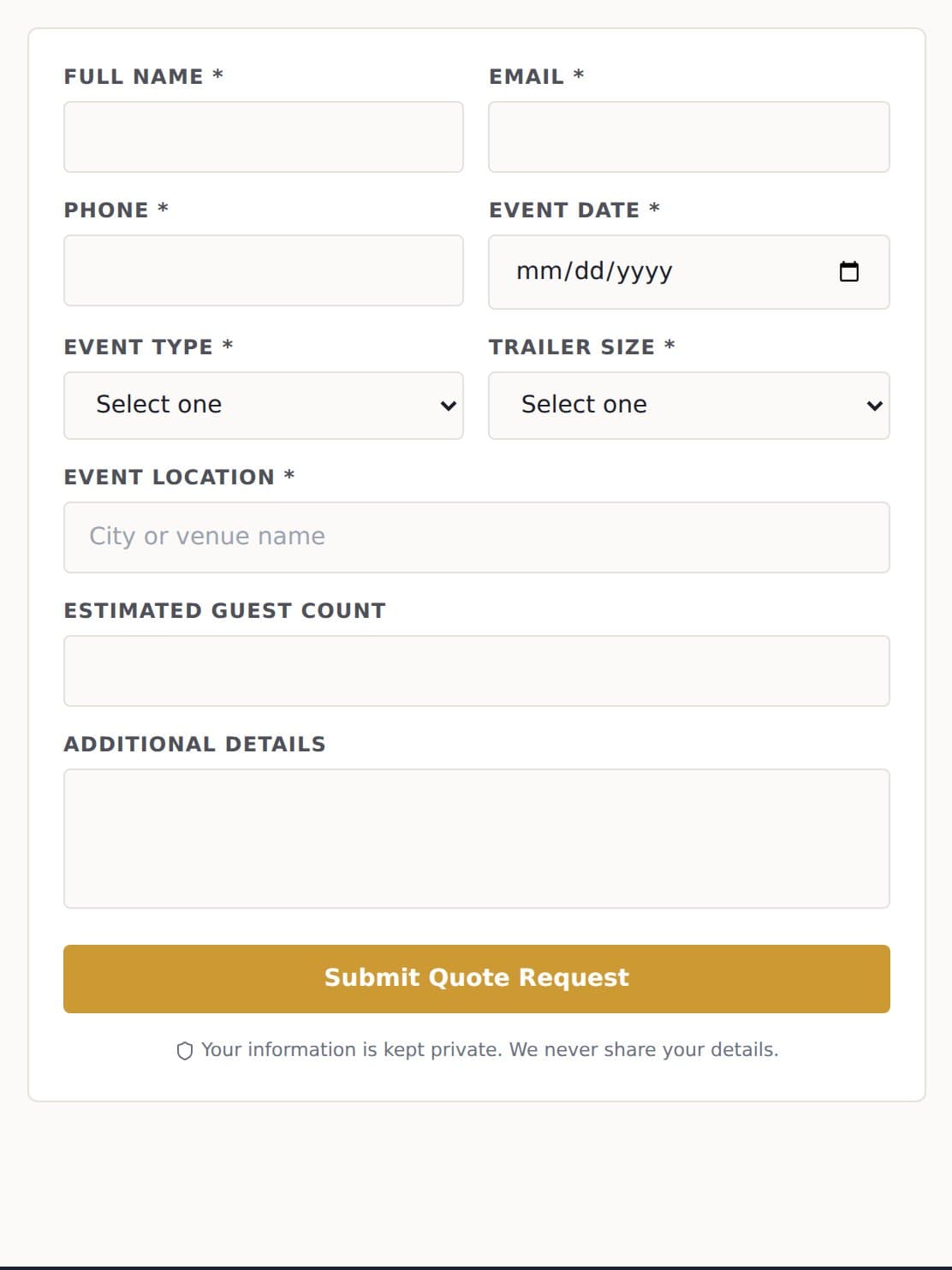 The quote request form capturing name, contact, event date, event type, trailer size, event location, and estimated guest count.