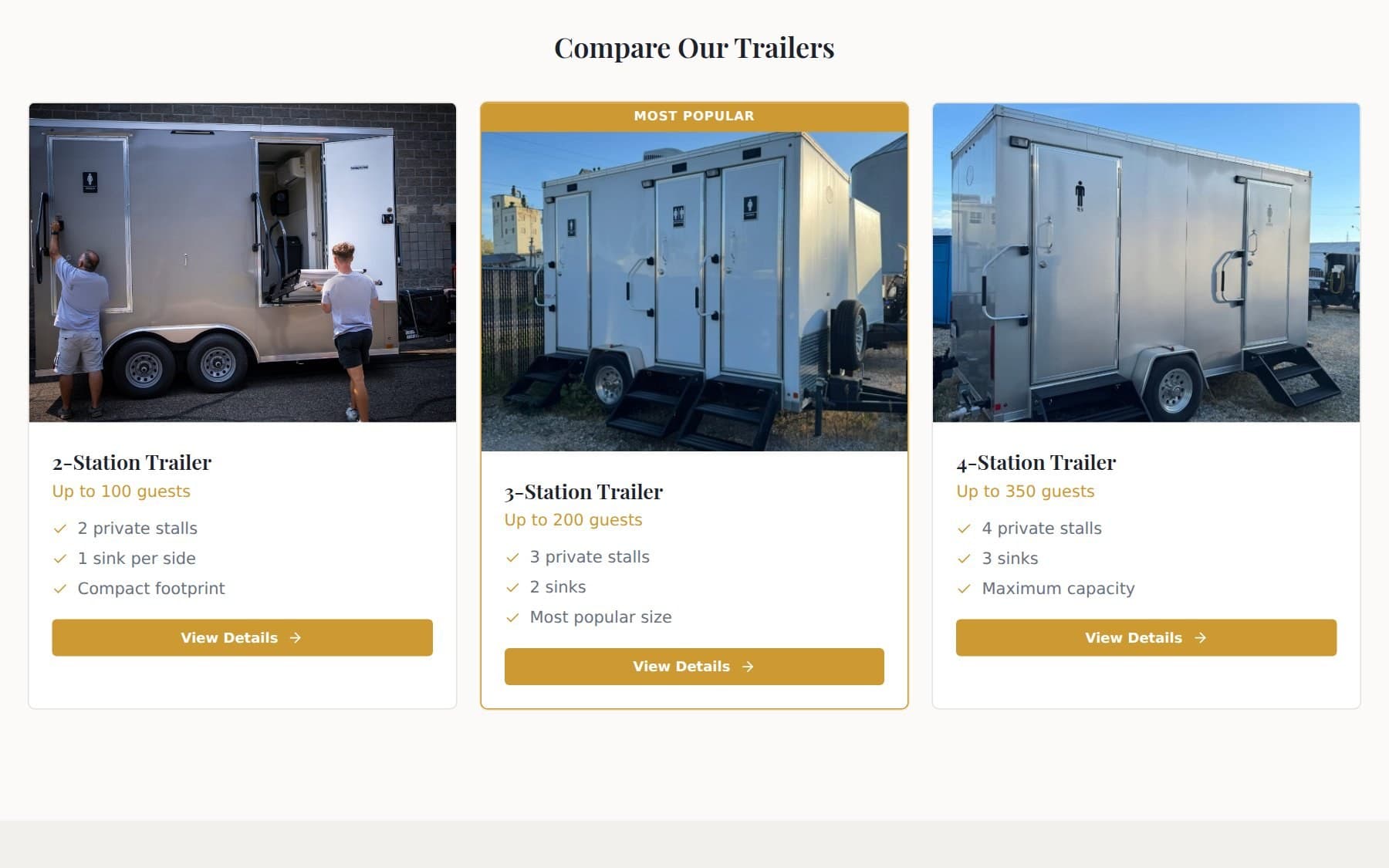 The trailer comparison on the live site: the two-station trailer for up to 100 guests, the three-station for up to 200, and the four-station for up to 350.