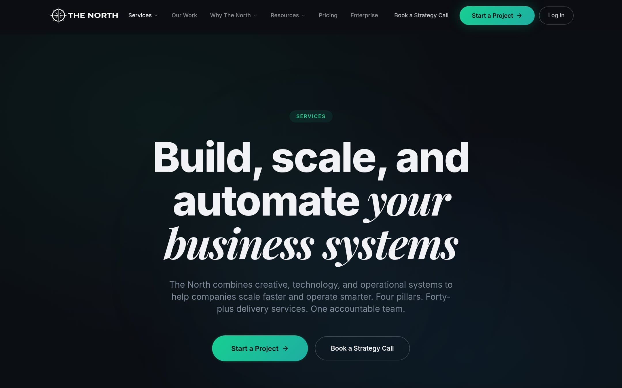 The services page opening, stating the engagement model: four pillars, forty-plus delivery services, one accountable team.