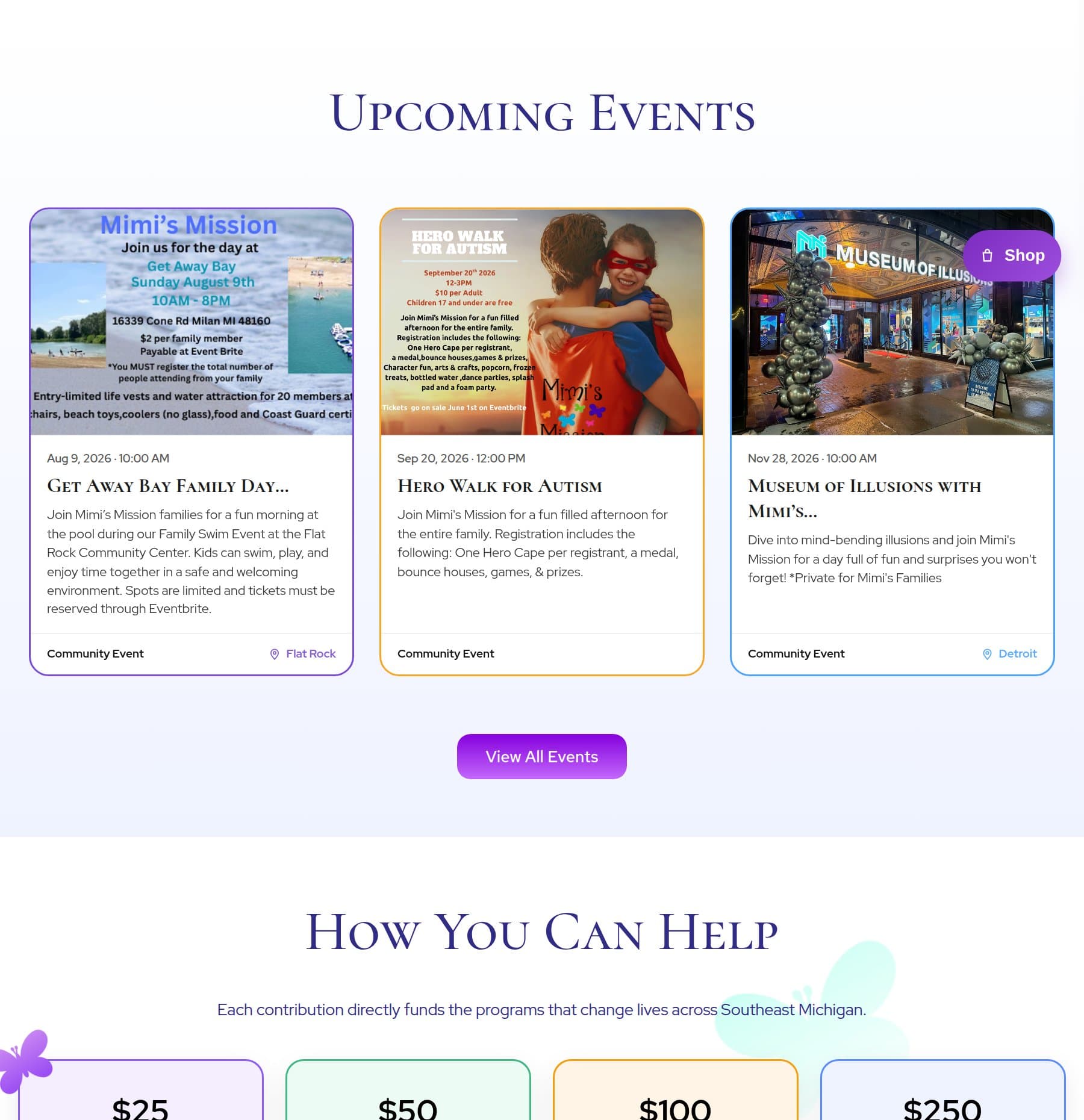 Upcoming events on mimismission.com: a family day, the Hero Walk for Autism, and a Museum of Illusions outing, each with its own promotional graphic.