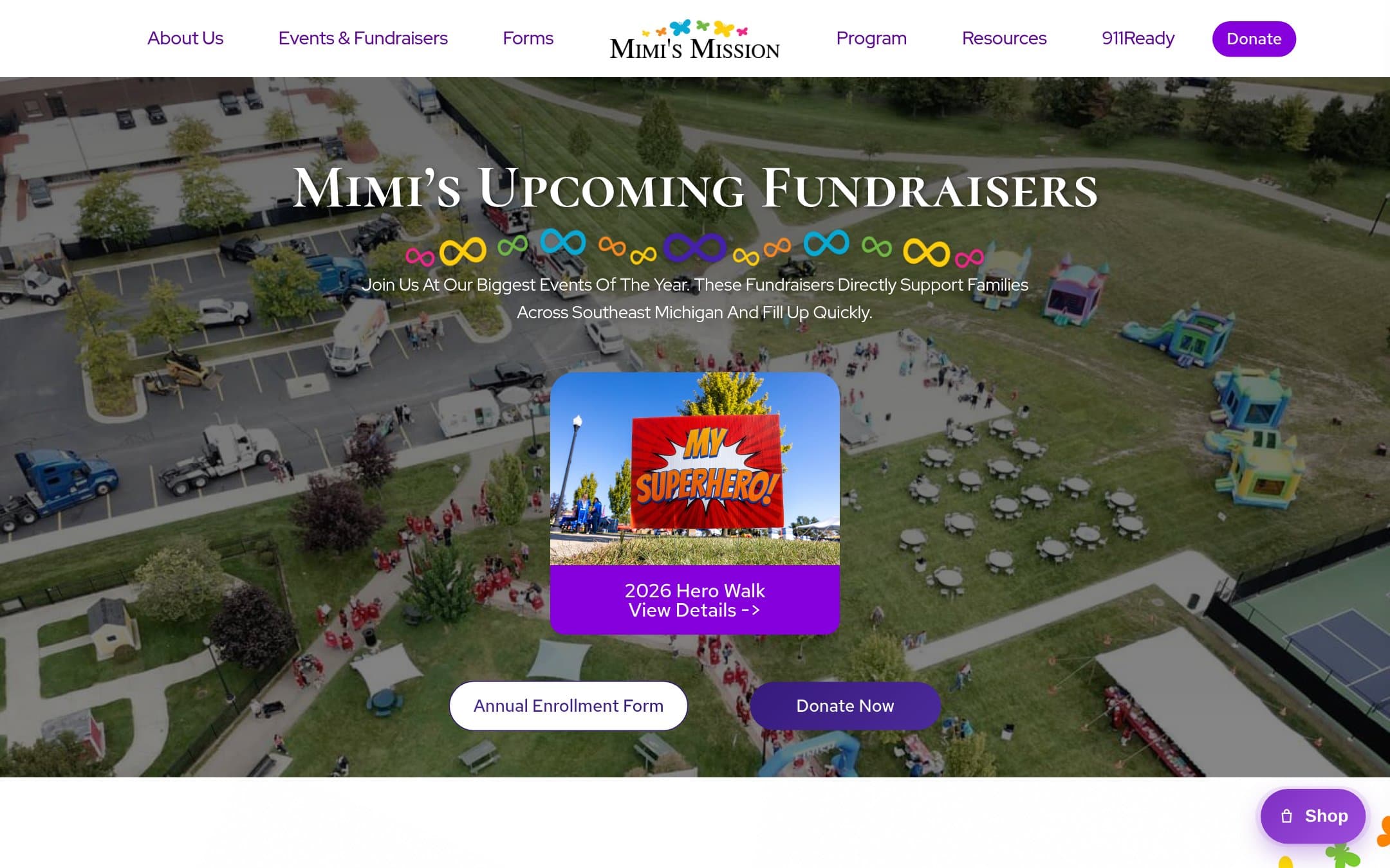 The Mimi's Mission homepage: the year's fundraisers front and centre, with enrollment, donation, programs, forms, and 911READY each one step away in the navigation.