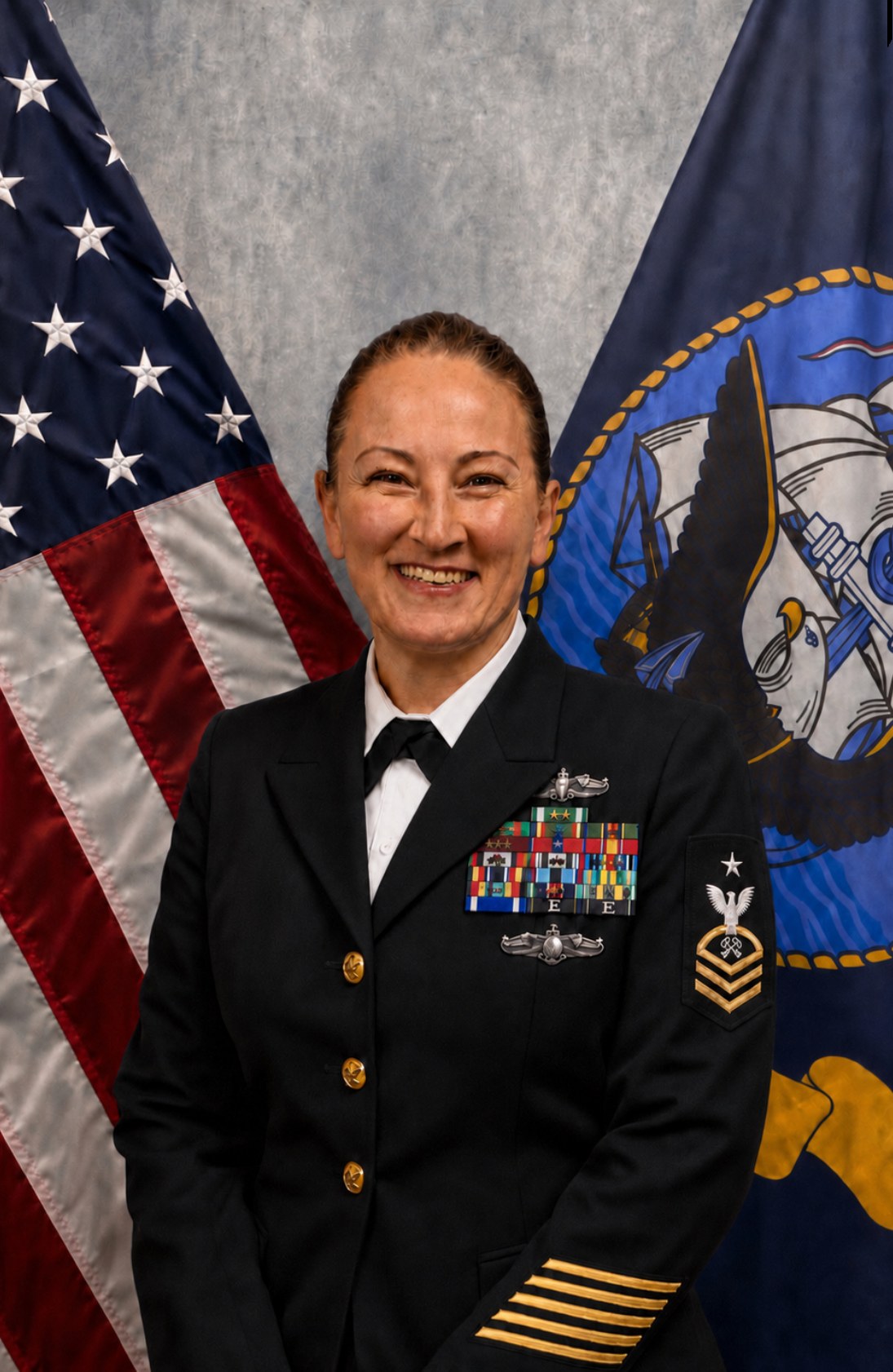 Official portrait of Senior Chief Logistics Specialist Dalyn P. Padilla in dress blue uniform